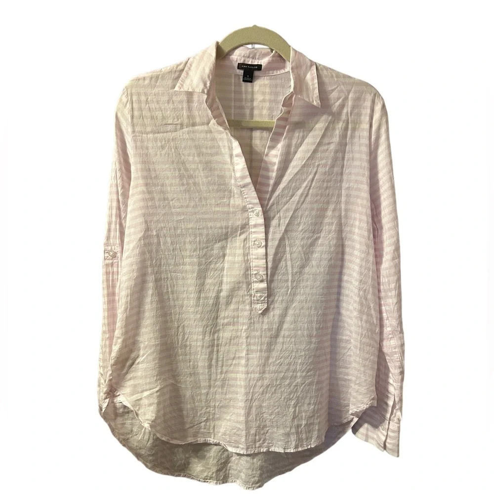 ANN TAYLOR BABY PINK STRIPED SILK BLEND TUNIC TOP